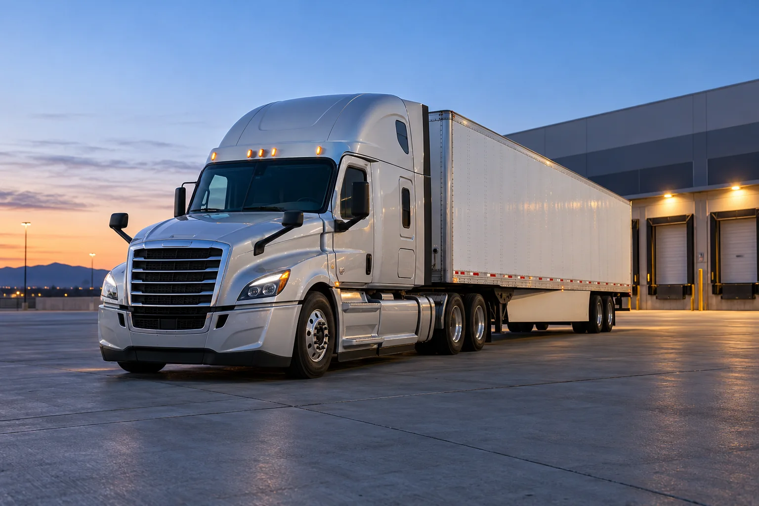 Illustrative AI-generated white semi-truck and trailer outside a freight terminal at dawn