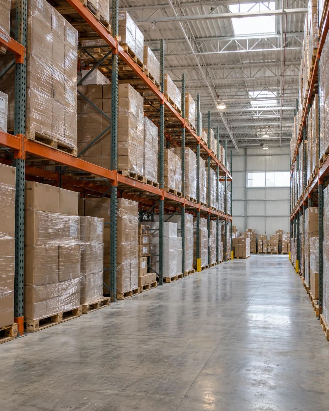 Illustrative AI-generated warehouse aisle with wrapped pallets and orange steel racks