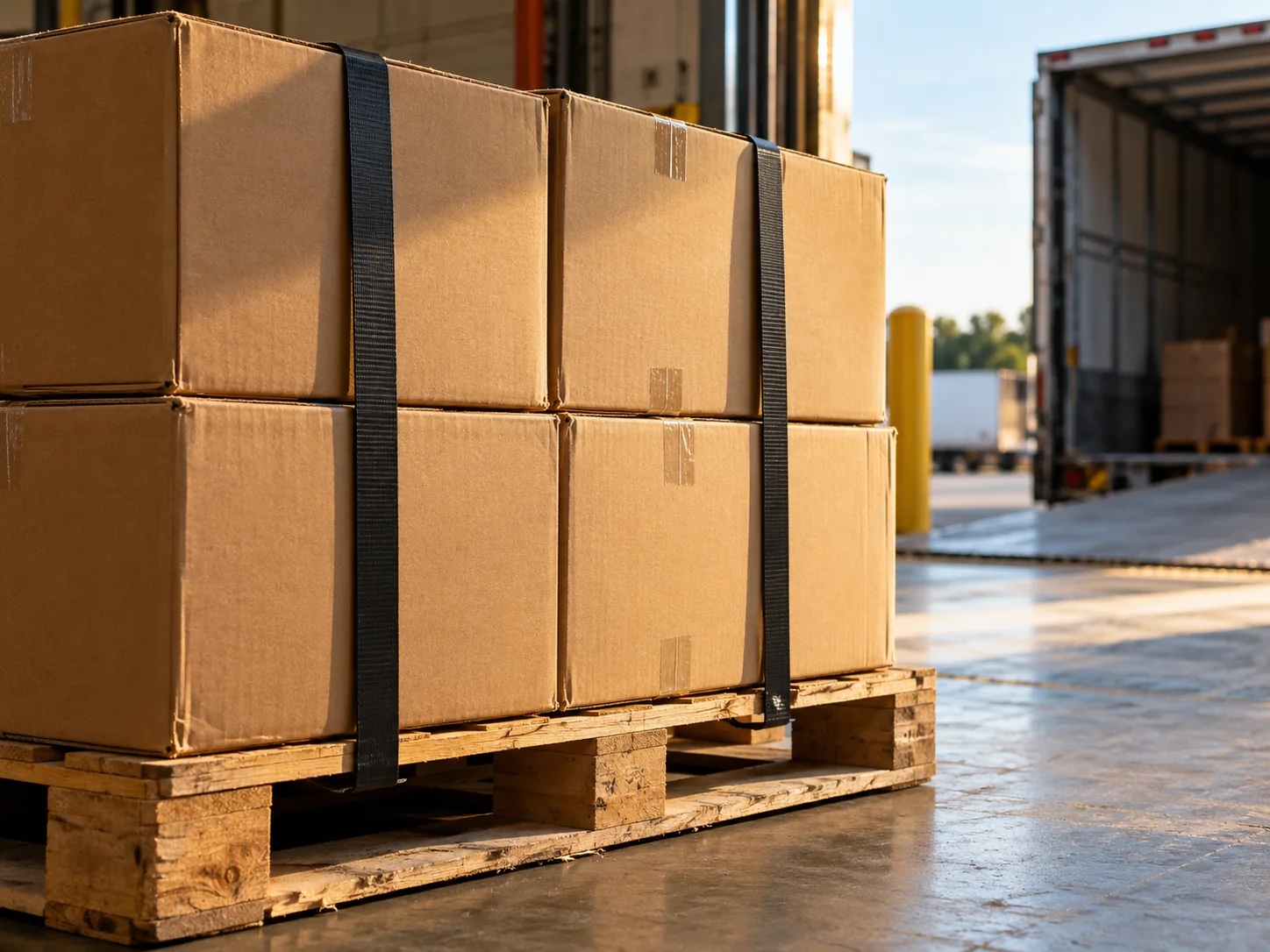 Illustrative AI-generated strapped cartons on a wooden pallet near a loading dock